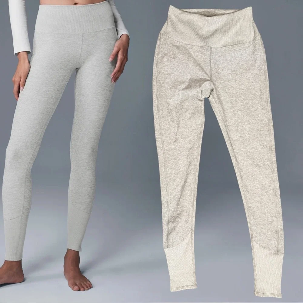 Alo Yoga Alosoft Lounge Leggings High Waisted Ribbed Cuff Heather Gray Small